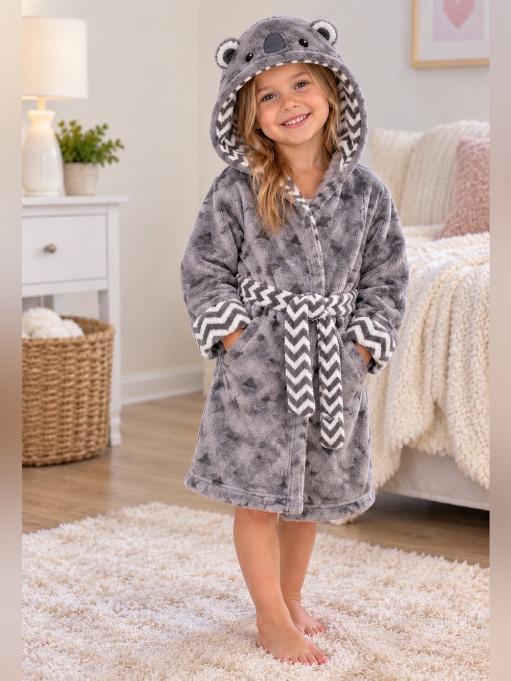 Pekkle Kids’ Koala Hooded Fleece Robe – Size 6/6X – Gray Chevron